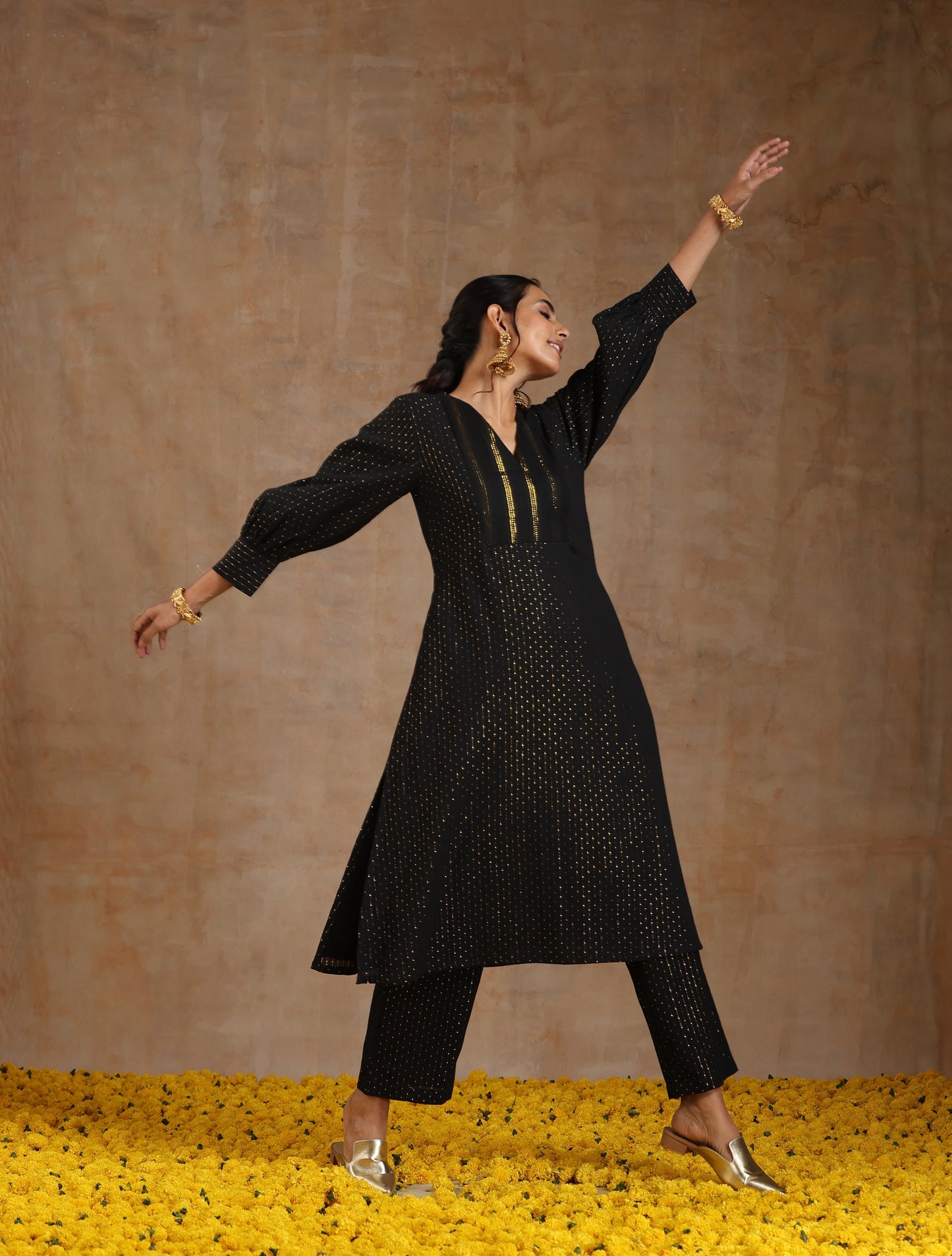 Black Gold Cotton Overlap Yoke Kurta Set