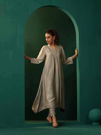 trueBrowns Grey Silk Front Gathered Kurta Pant Set