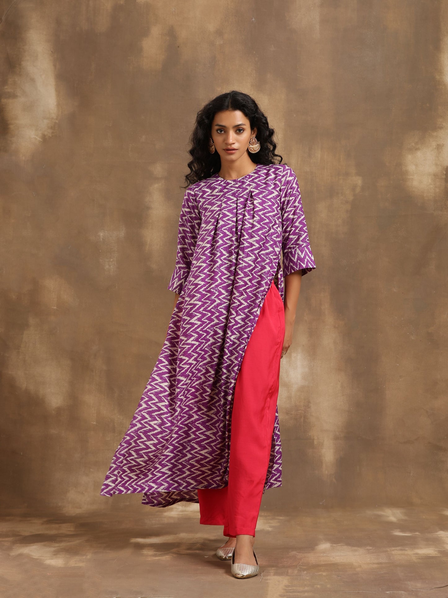 Purple Zig-Zag Printed Silk Kurta Pant Set