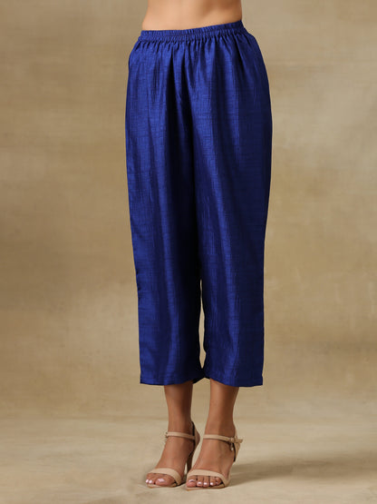 Blue Textured Silk Puff Sleeve Kurta Pant Set