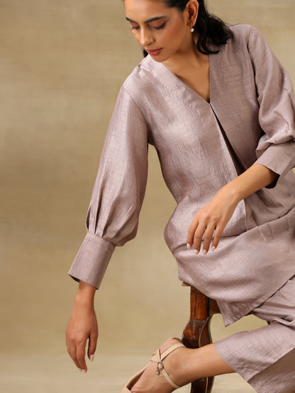 Grey Textured Silk Neck Pleat Co-Ord Set