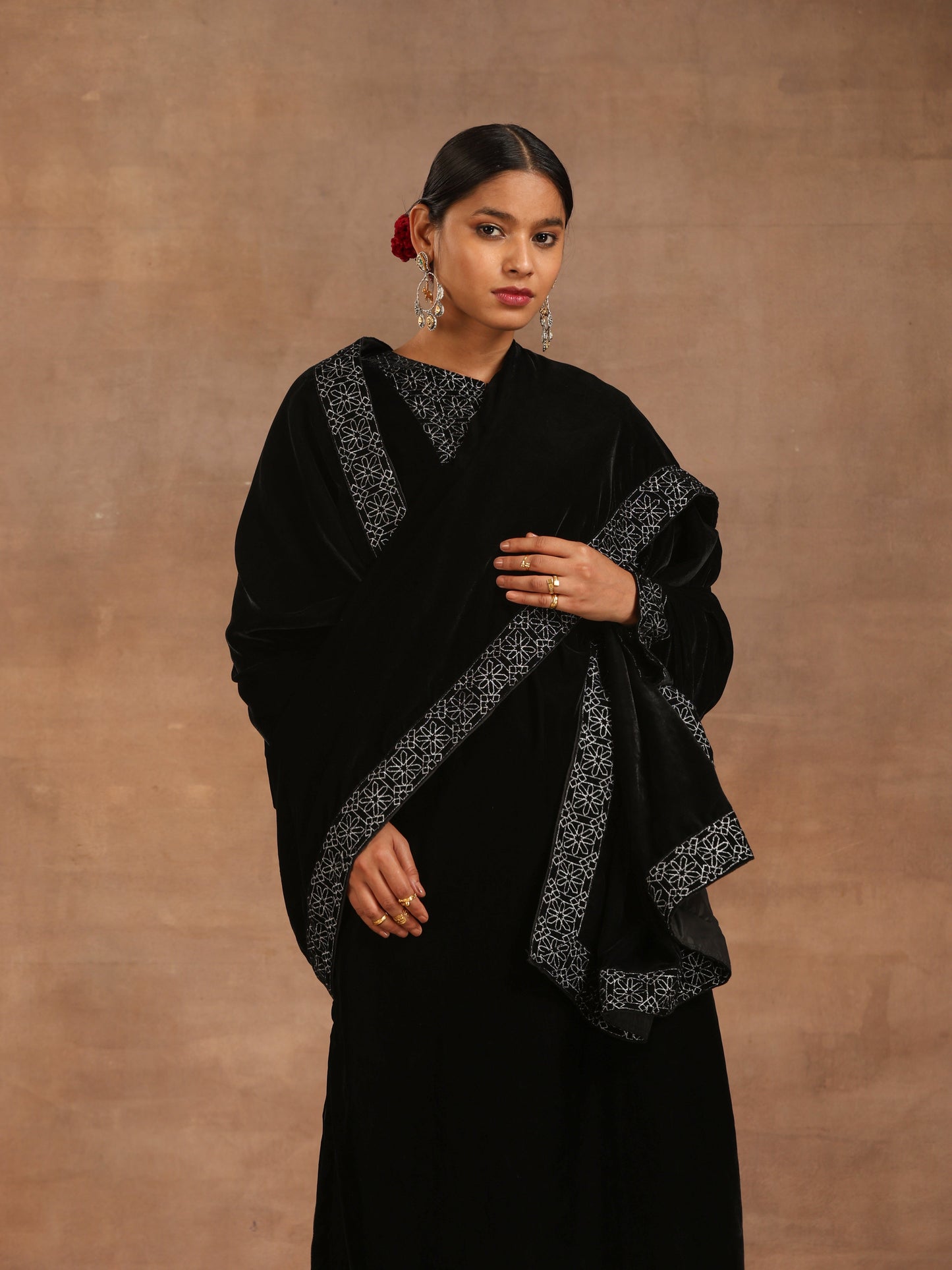 trueBrowns Black Velvet Embroidered Kurta