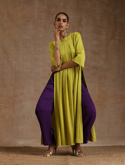 Lime Modal Satin Neck Pleat Kurta Set