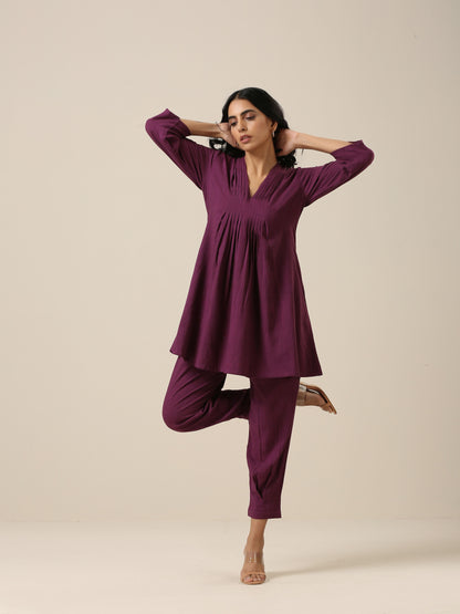 Plum Purple Slub Texture Pleated Co-Ord Set