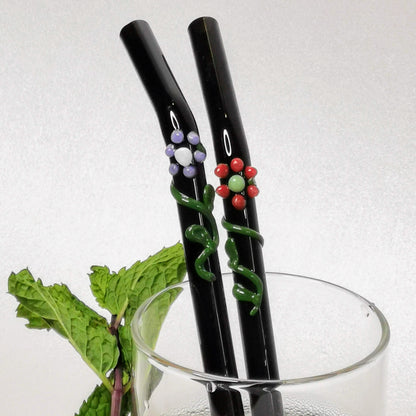 Glass Straws Floral Art  Set of 2 - Onyx Black