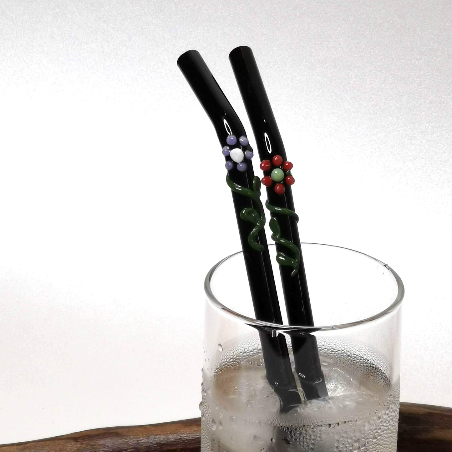 Glass Straws Floral Art  Set of 2 - Onyx Black