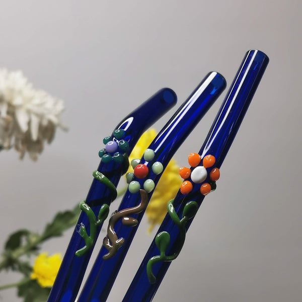 Glass Straws Floral Art  Set of 2 - Blue