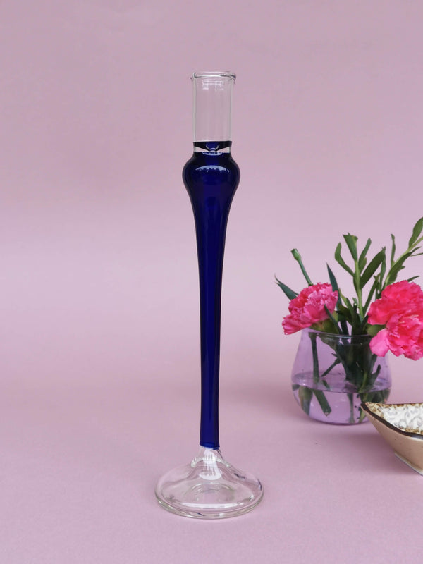 Elegant  vintage  glass candle holder - Brilliant Blue