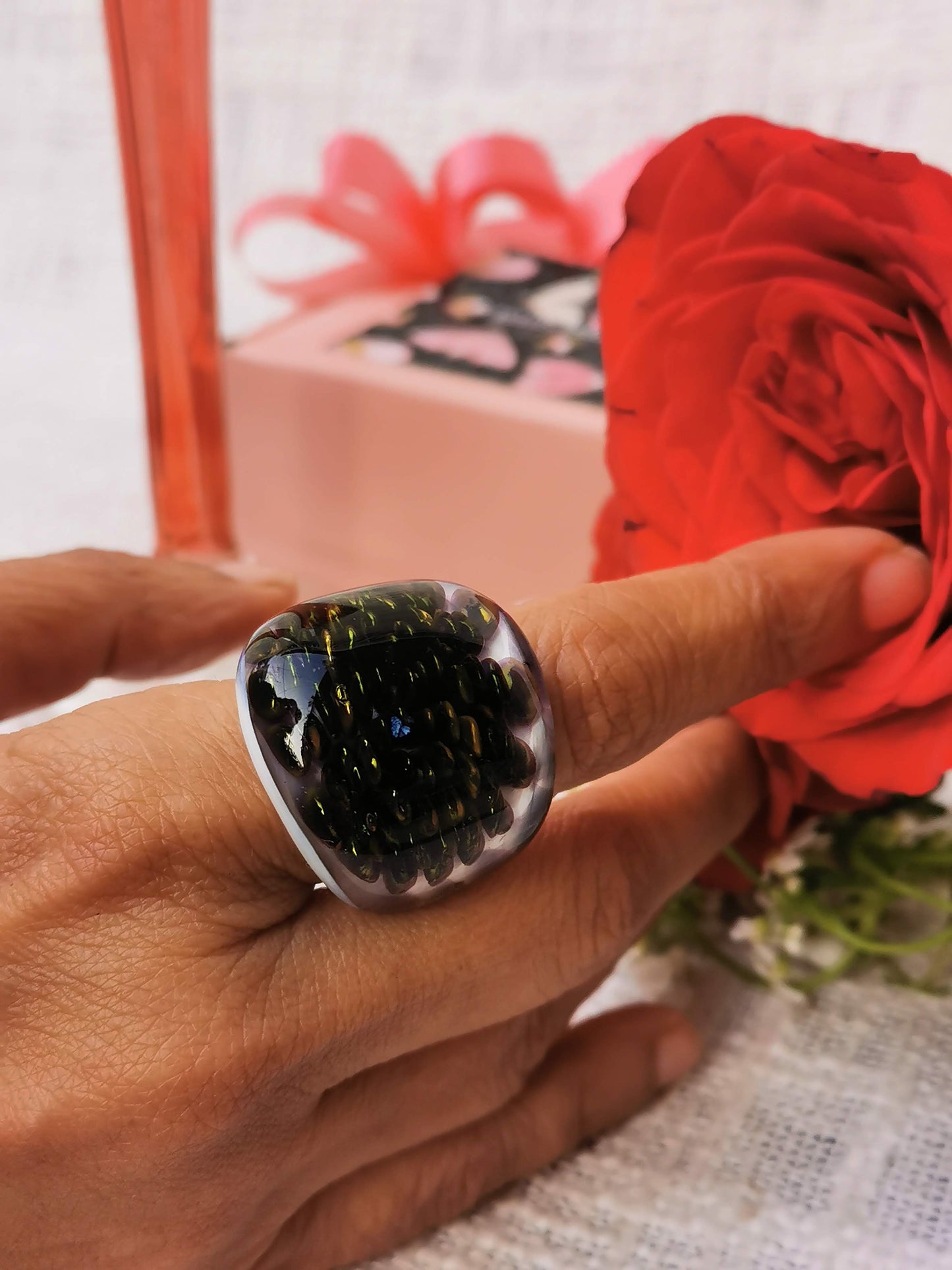 Handblown Glass Rings for Women | Artisan Crafted Jewelry ( Black Art Glass)