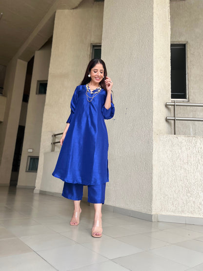 Blue Textured Silk Puff Sleeve Kurta Pant Set