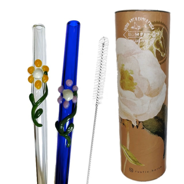 Glass Straws  with flora art  decor. 8" x 9.5 mm Handblown -Pack of 2 with brush