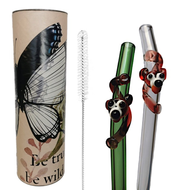 Glass Straws  with flora art  decor. 8" x 9.5 mm Handblown -Pack of 2 with brush
