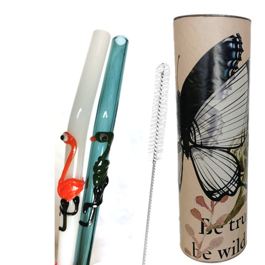 '- Flamingo Art Glass Straws   8" x 9.5 mm Handblown -Pack of 2 with brush