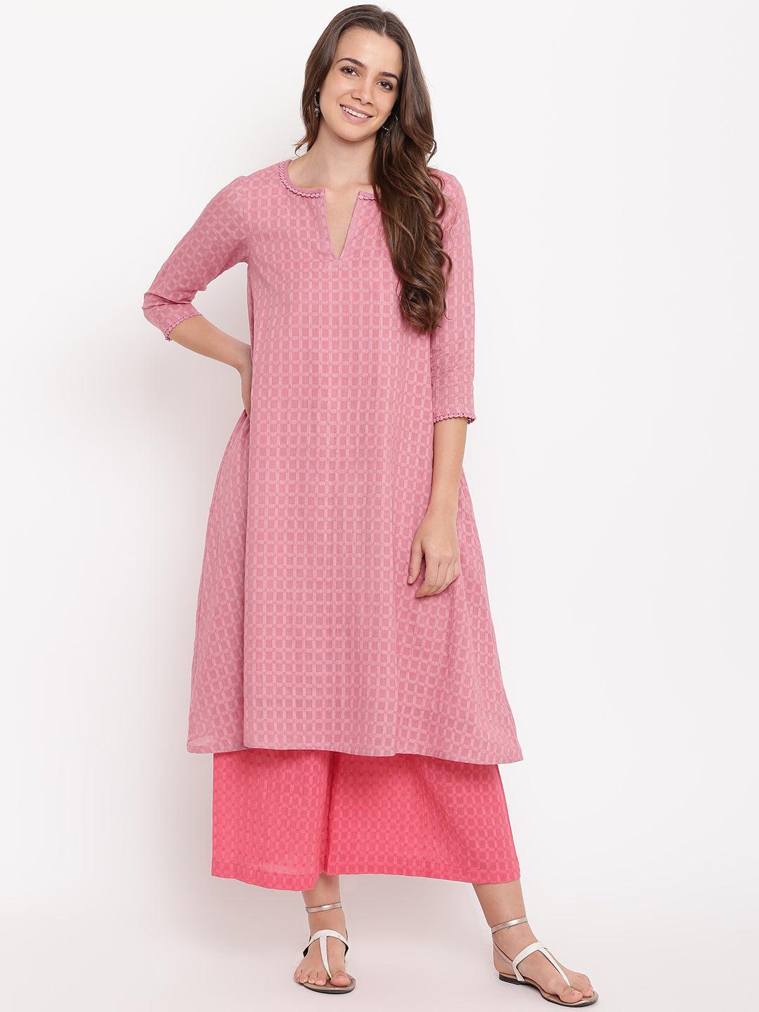 Pink Grid Dobby Kurta-Contrast Palazzo - trueBrowns