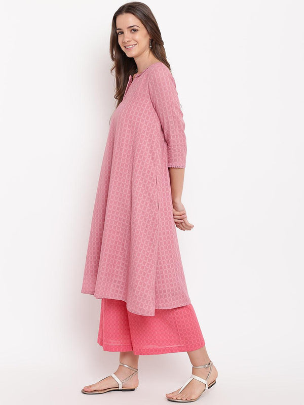 Pink Grid Dobby Kurta-Contrast Palazzo - trueBrowns