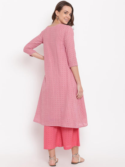 Pink Grid Dobby Kurta-Contrast Palazzo - trueBrowns