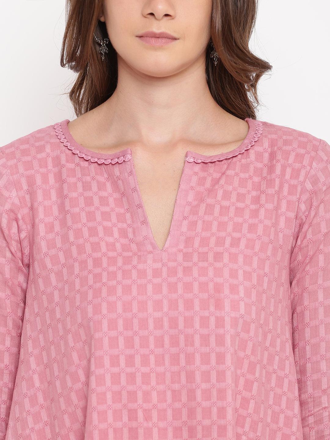 Pink Grid Dobby Kurta-Contrast Palazzo - trueBrowns