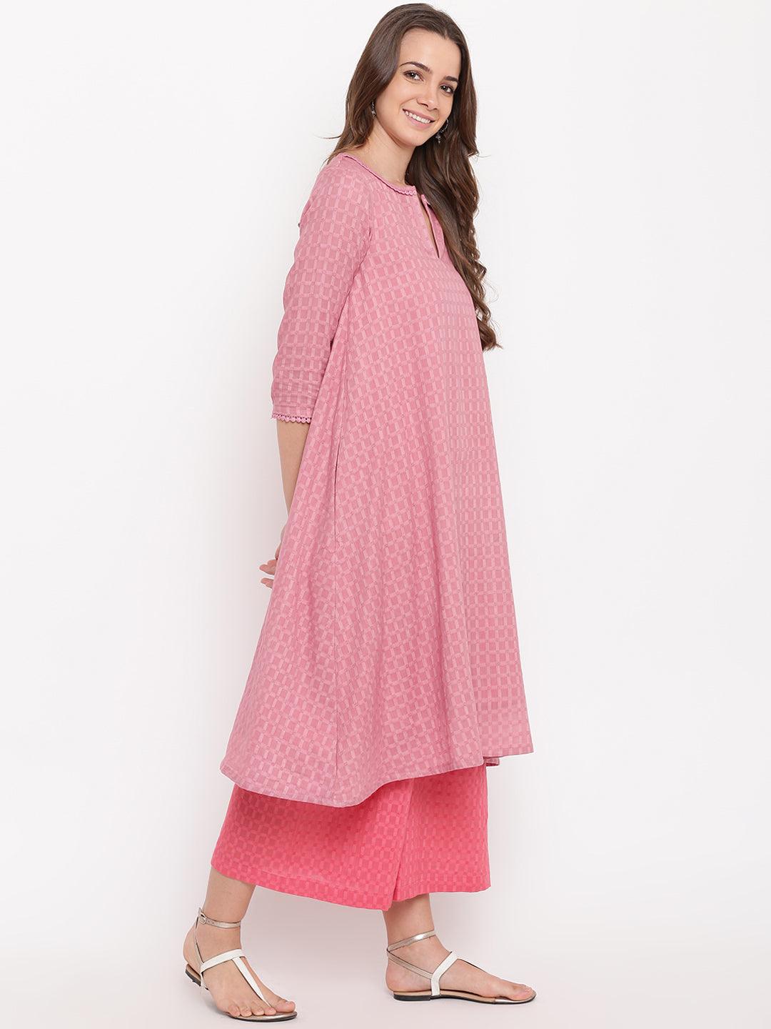 Pink Grid Dobby Kurta-Contrast Palazzo - trueBrowns