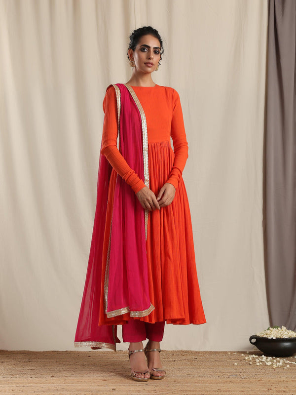 Orange Crinkle Anarkali Kurta Pant Dupatta Set