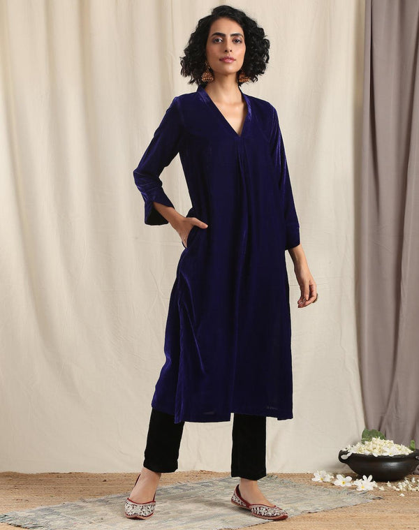 Blue Velvet Slit Kurta - trueBrowns