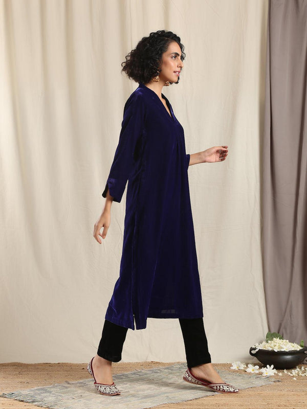 Blue Velvet Slit Kurta - trueBrowns