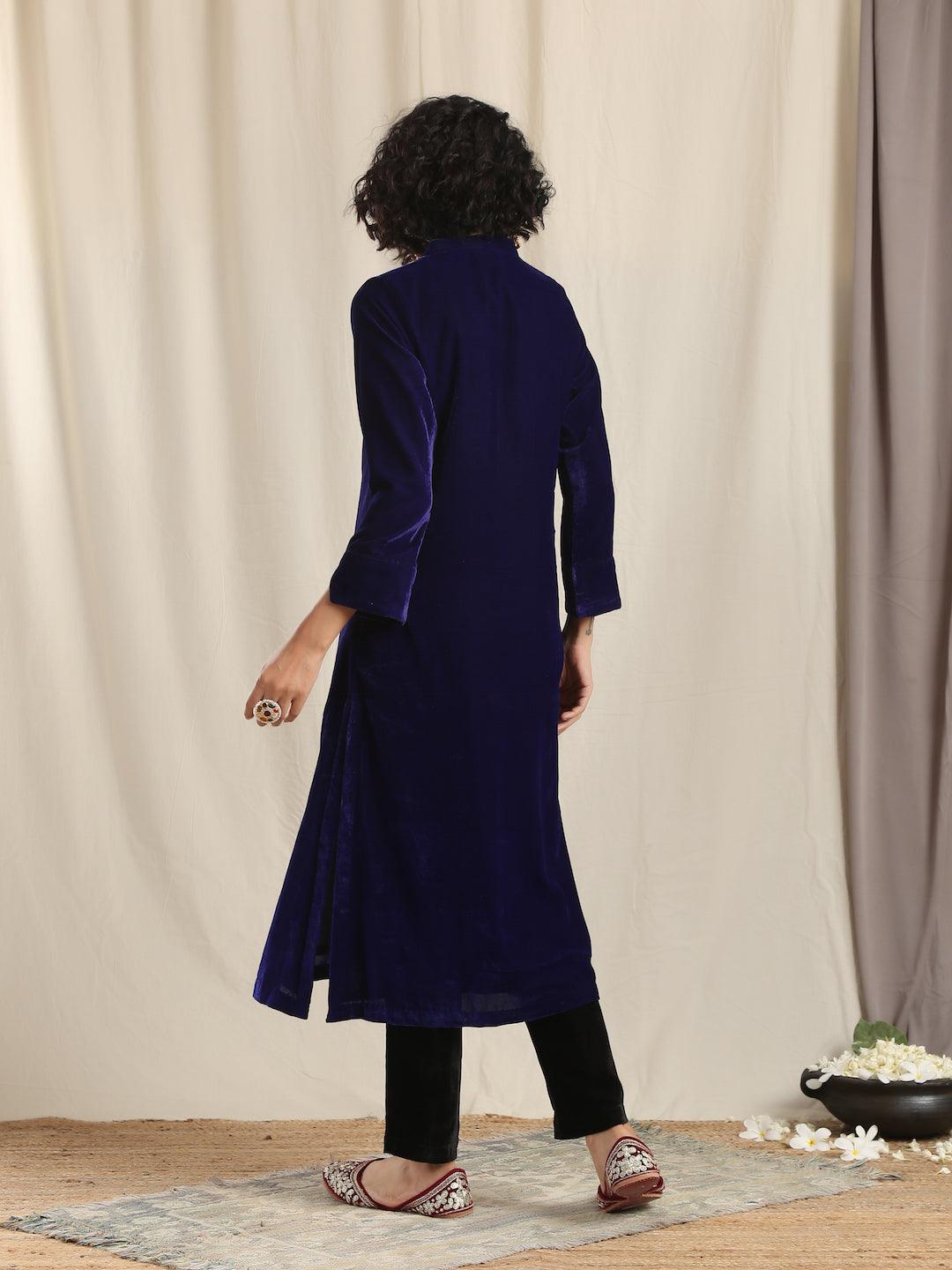 Blue Velvet Slit Kurta - trueBrowns