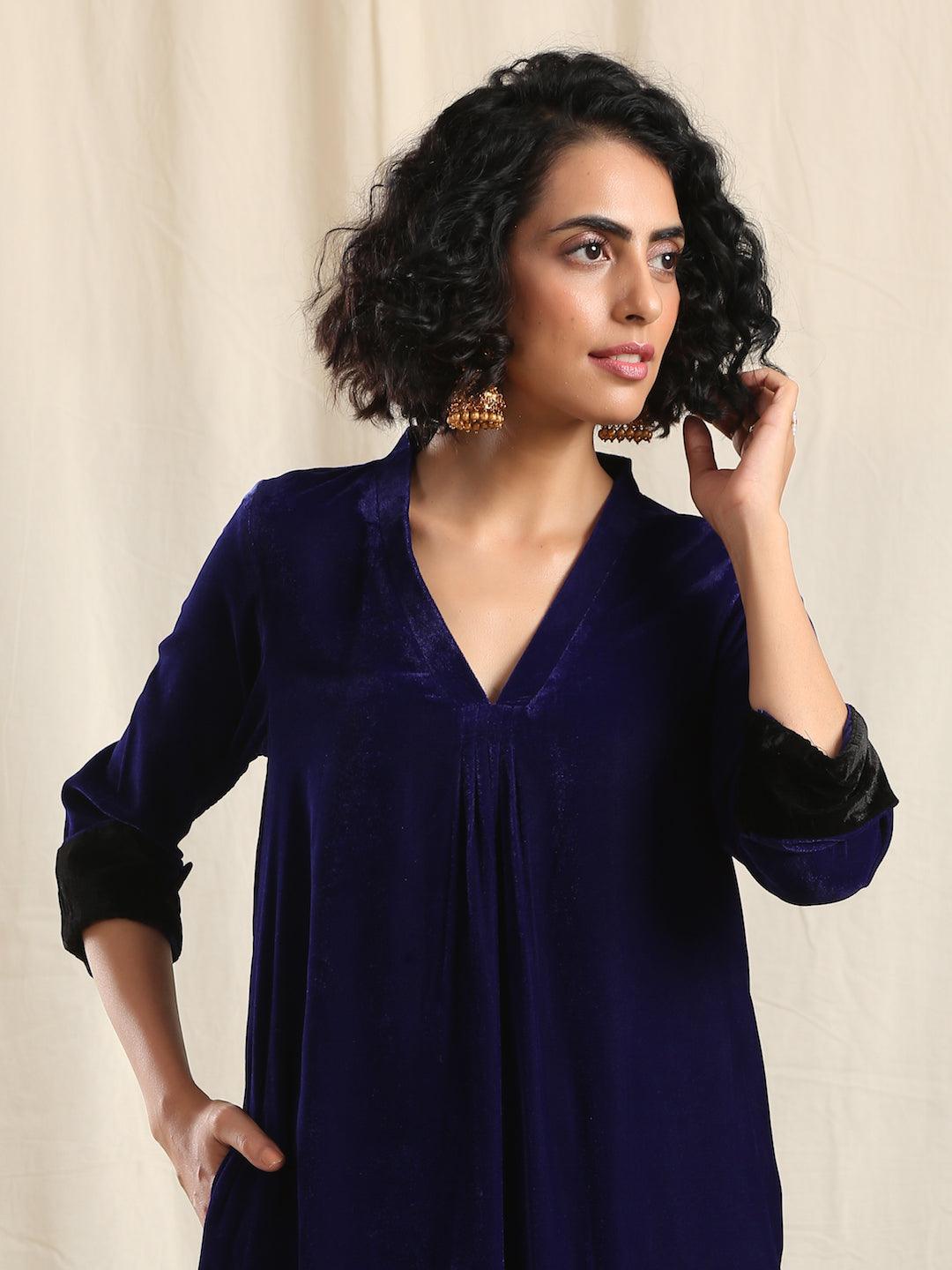 Blue Velvet Slit Kurta - trueBrowns