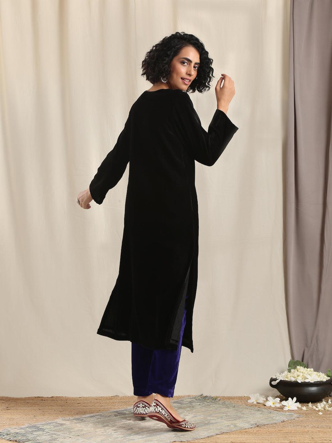 Black Velvet slit Kurta - trueBrowns