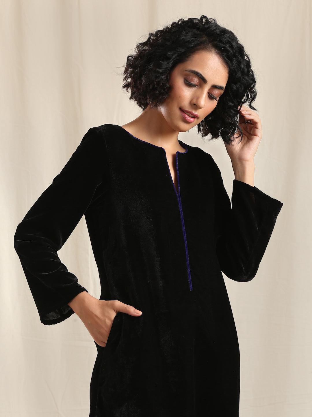 Black Velvet slit Kurta - trueBrowns