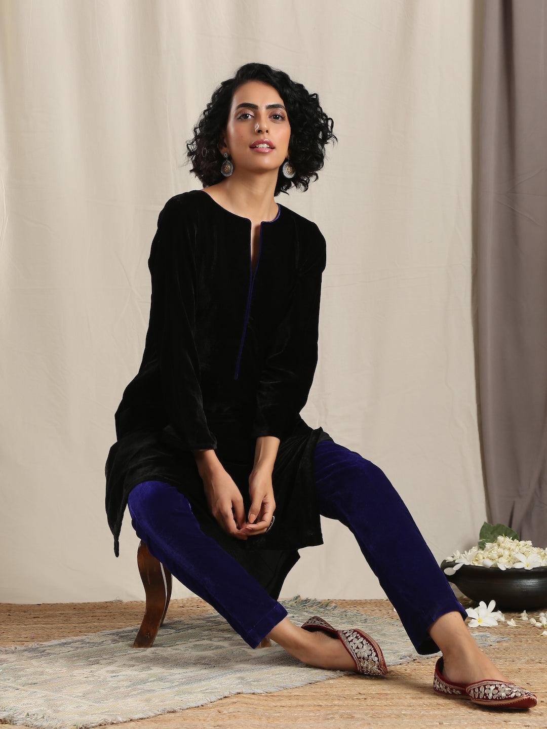 Black Velvet slit Kurta - trueBrowns