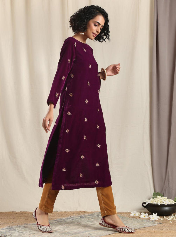 Wine Velvet Embroidered Slit Kurta - trueBrowns