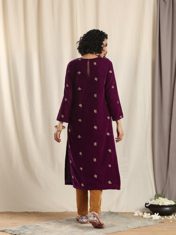 Wine Velvet Embroidered Slit Kurta - trueBrowns