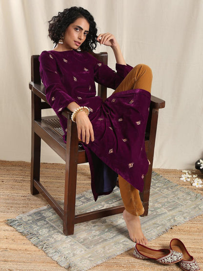 Wine Velvet Embroidered Slit Kurta - trueBrowns