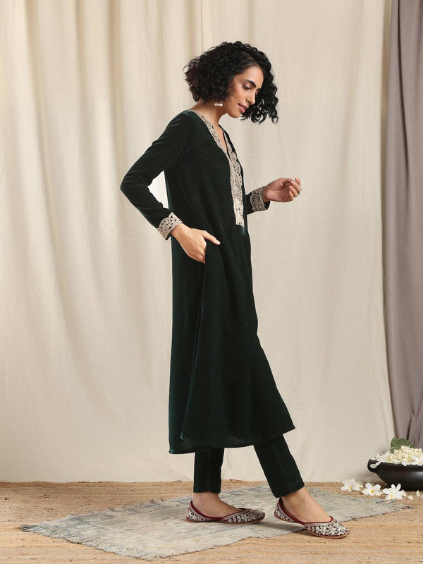 Green Velvet Flared Gota Kurta - trueBrowns