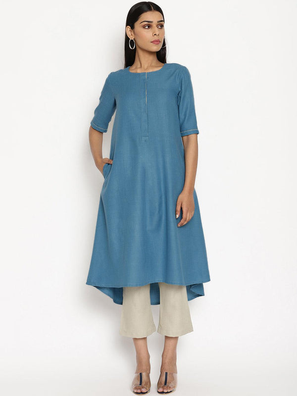 Cotton Linen Steel Blue Kurta Pant Set - trueBrowns