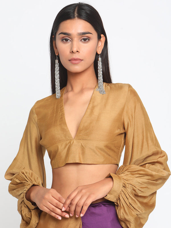 Silk Gold Gathered Sleeve Blouse