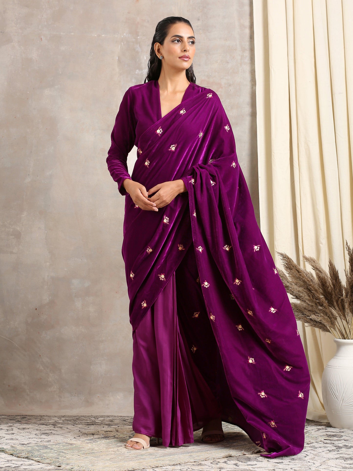Velvet Silk Embroidered Ready Pleated Saree - trueBrowns