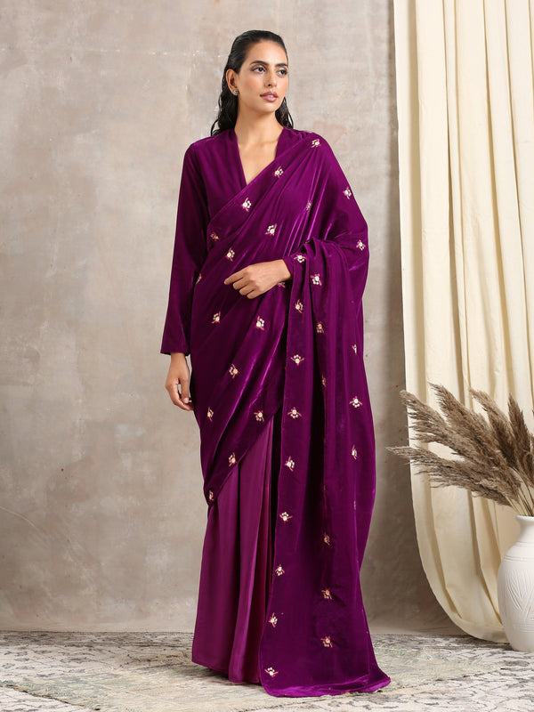 Velvet Silk Embroidered Ready Pleated Saree - trueBrowns