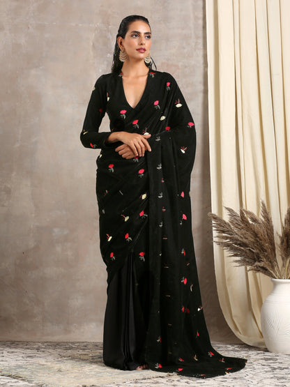 Velvet Silk Embroidered Ready Pleated Saree - trueBrowns