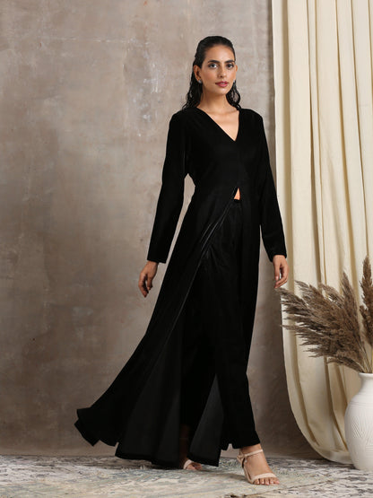 Black Velvet Front Slit Kurta - trueBrowns