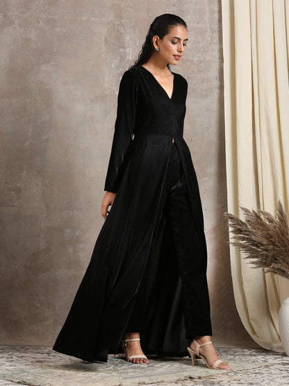 Black Velvet Front Slit Kurta - trueBrowns