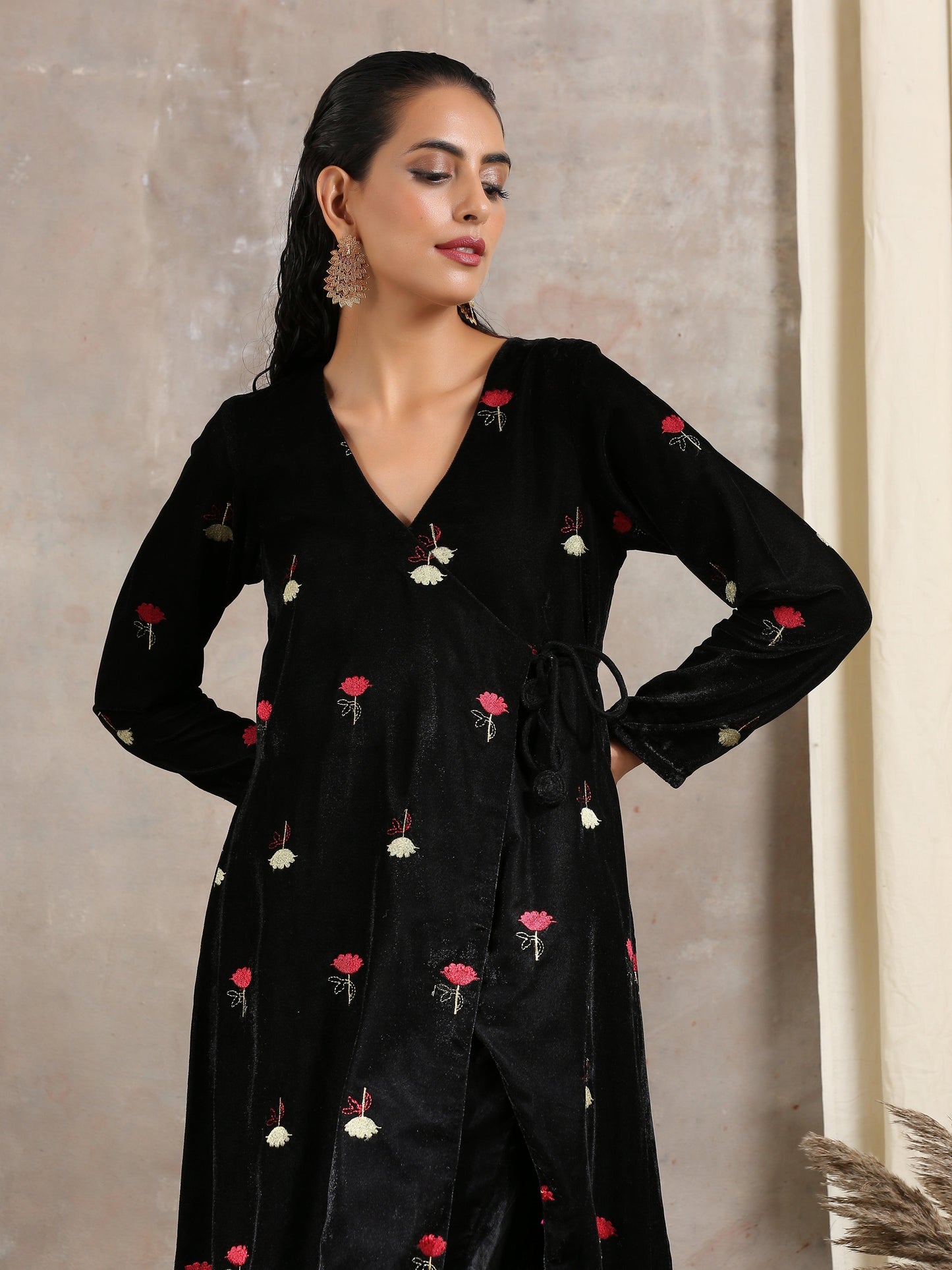 Black Velvet Embroidered Angrakha - trueBrowns