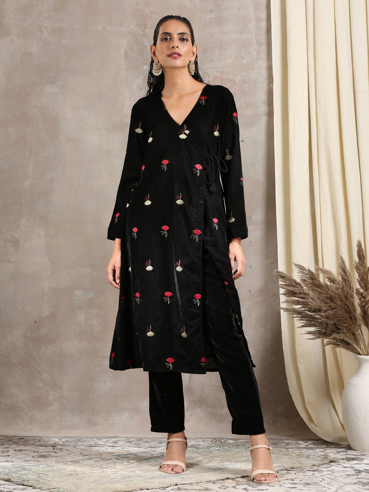 Black Velvet Embroidered Angrakha - trueBrowns