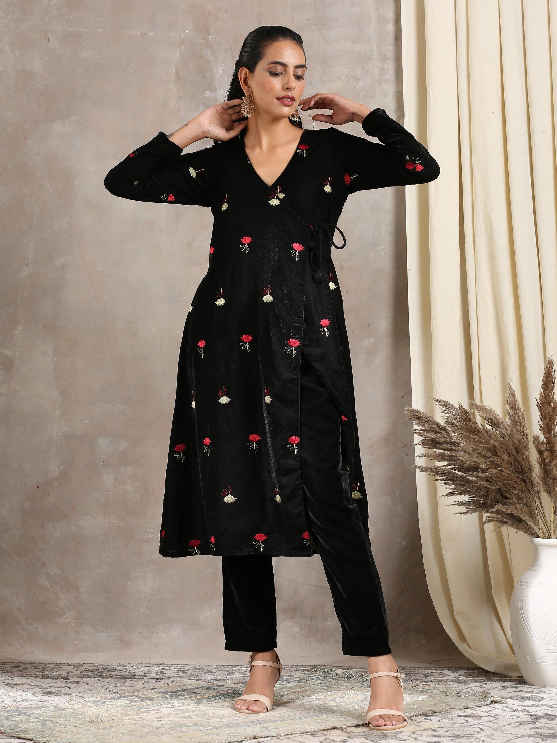 Black Velvet Embroidered Angrakha - trueBrowns