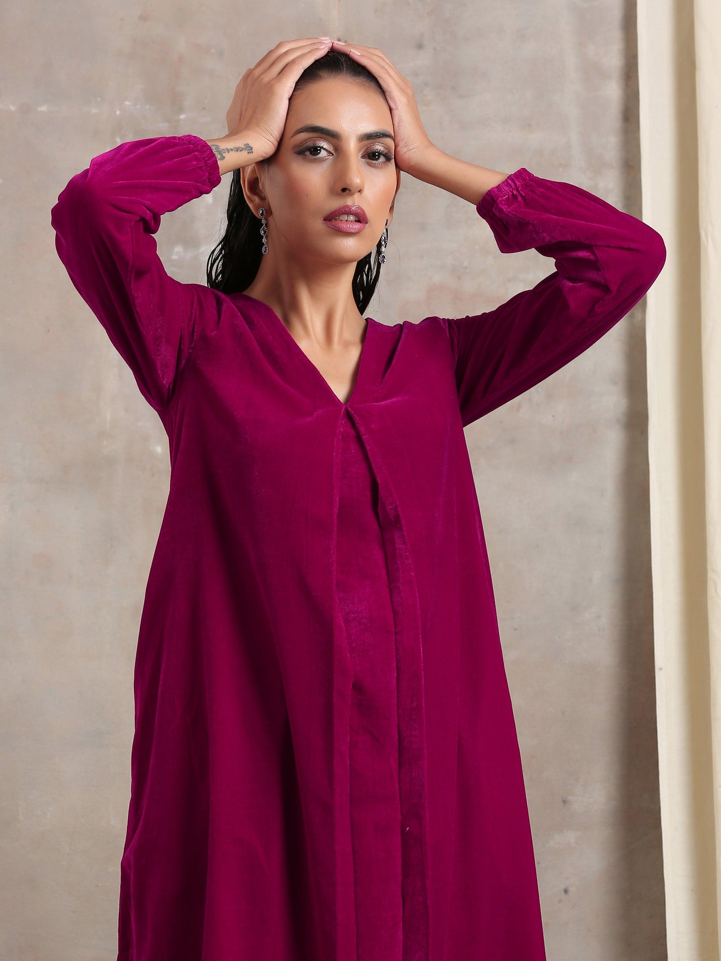 Pink Velvet Pleated Kurta - trueBrowns