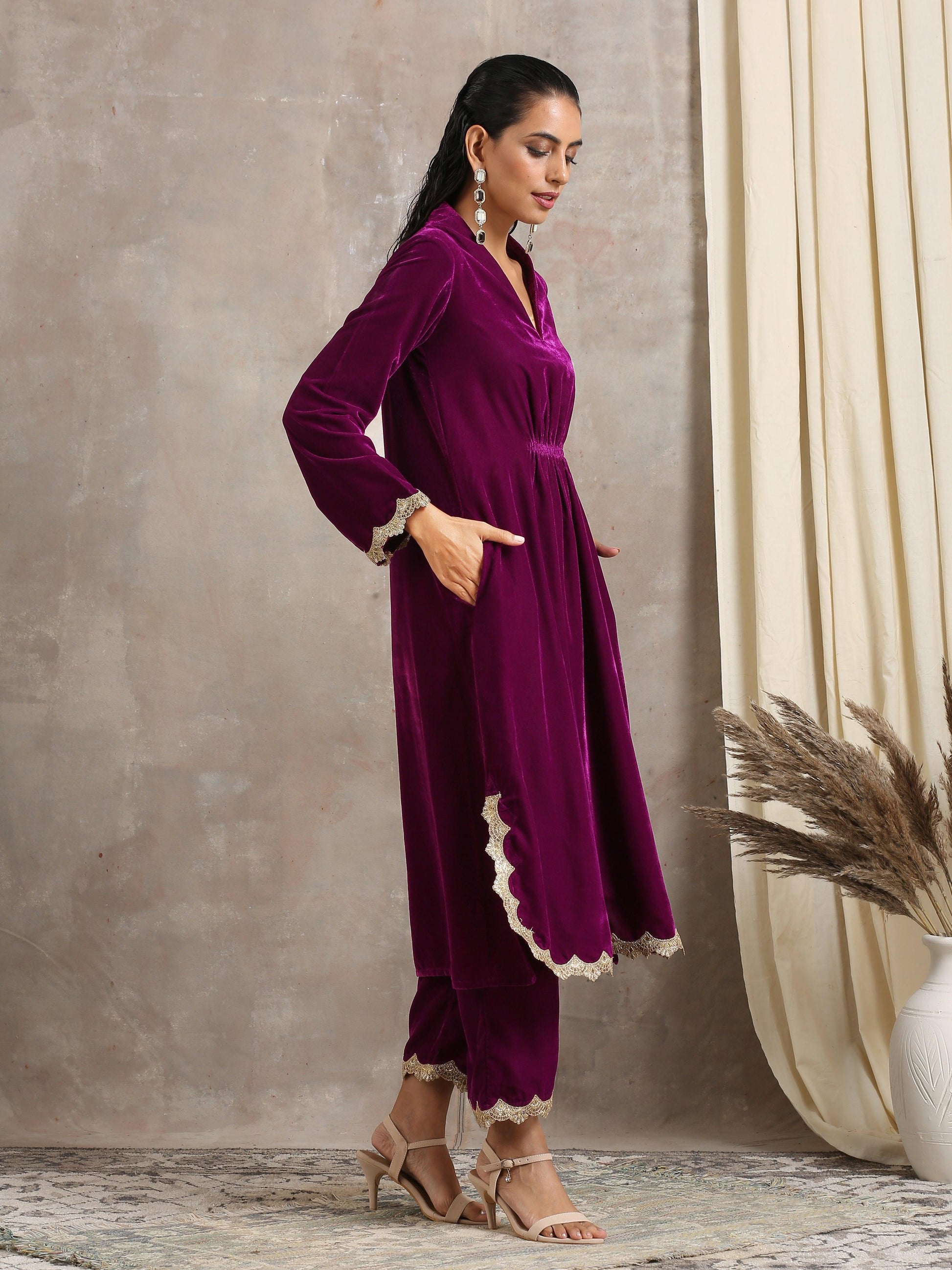 Wine Velvet Lace Kurta Pant Set - trueBrowns