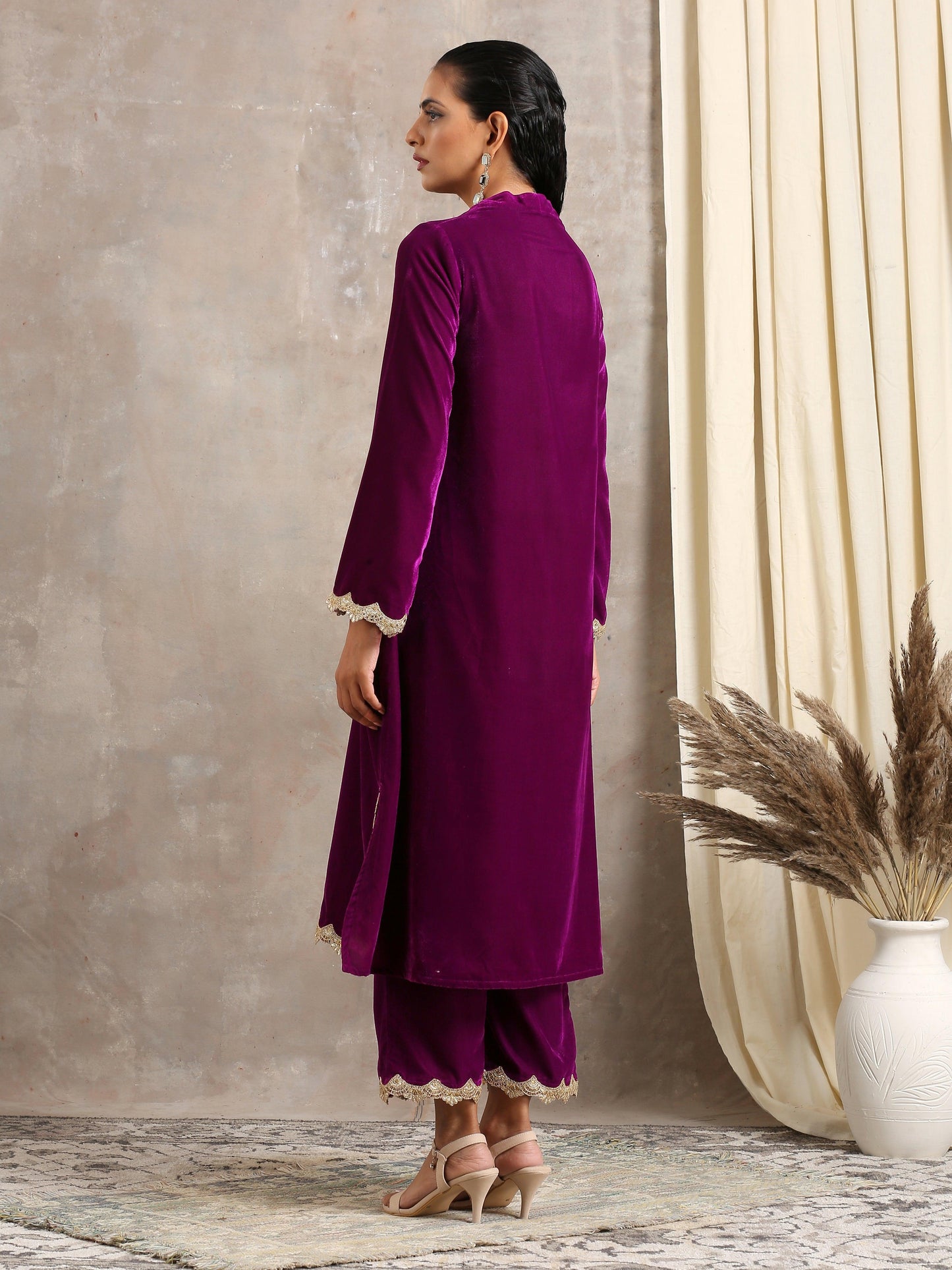 Wine Velvet Lace Kurta Pant Set - trueBrowns