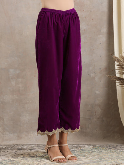 Wine Velvet Lace Kurta Pant Set - trueBrowns