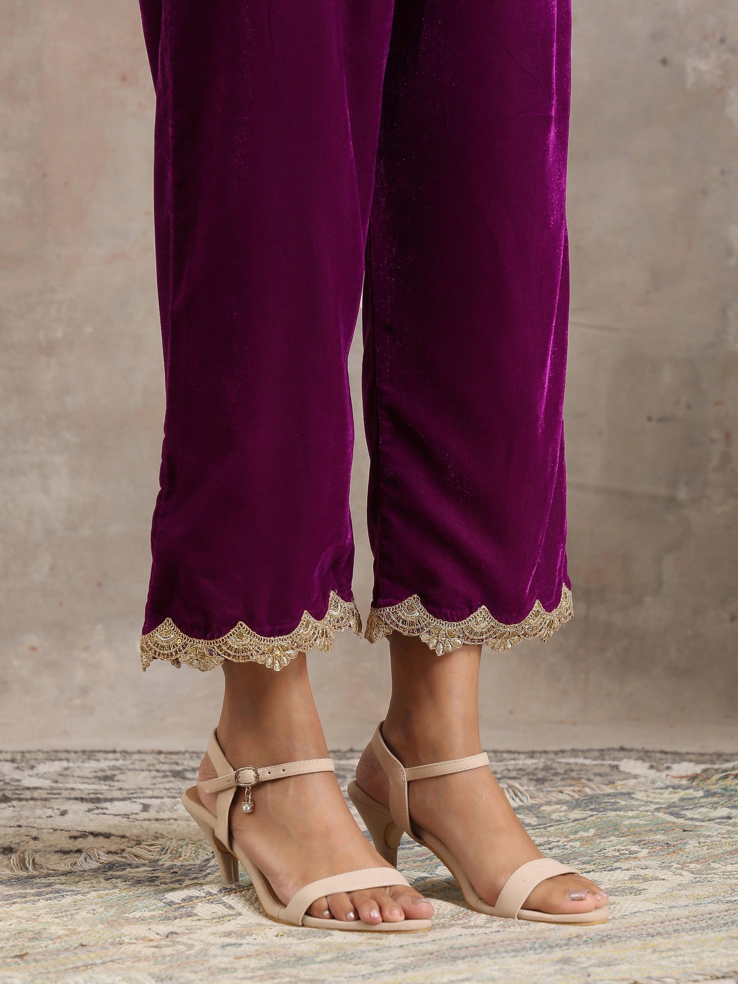 Wine Velvet Lace Kurta Pant Set - trueBrowns