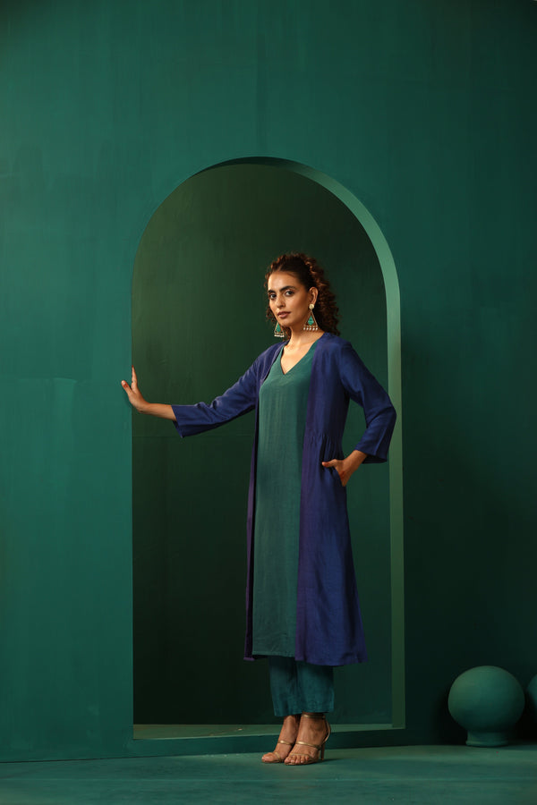 trueBrowns Blue Teal Silk Kurta Jacket Set